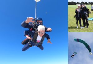images of man and woman skydiving